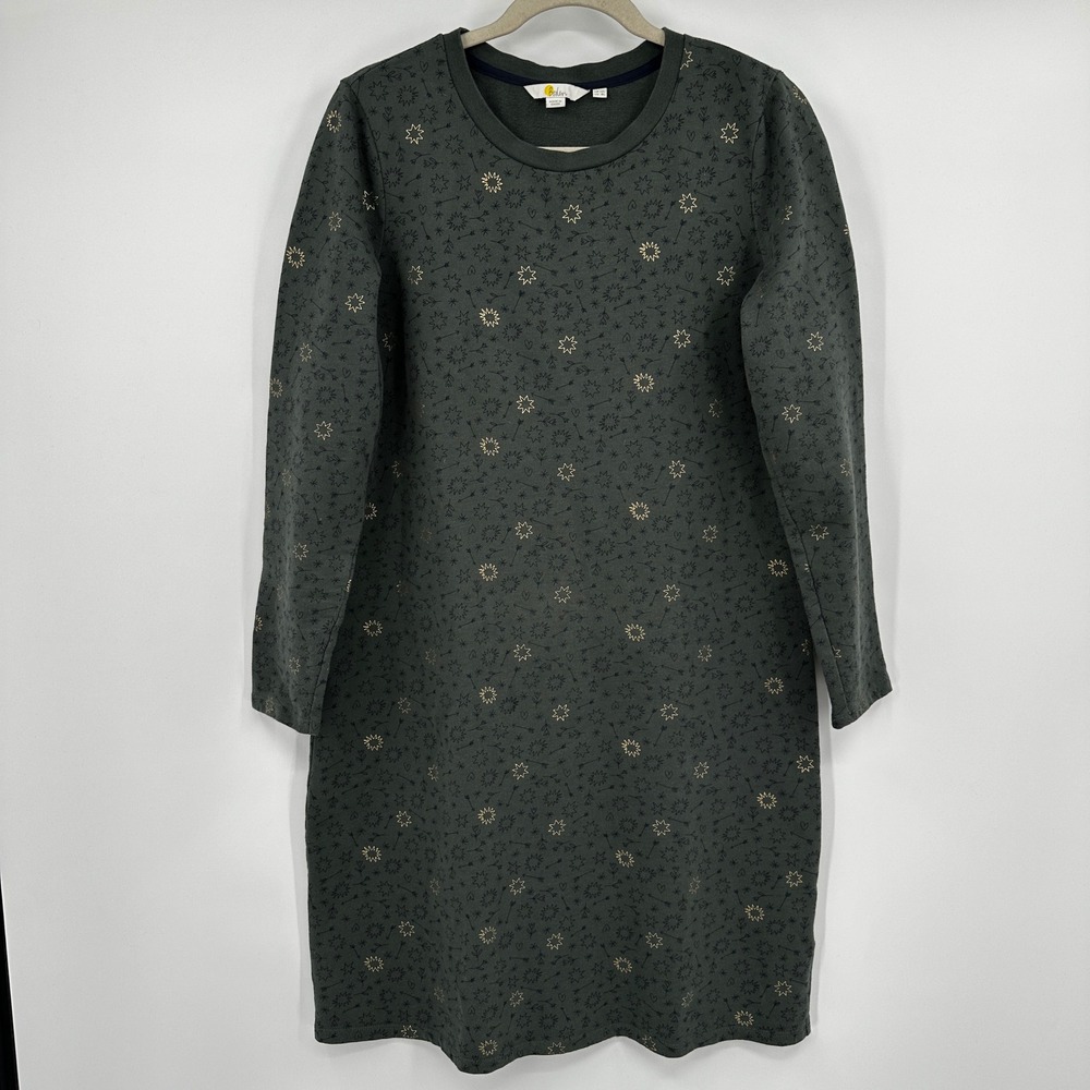Boden Green Gold‎ Foil Celestial Star Sweatshirt Shift Dress 8L French Terry